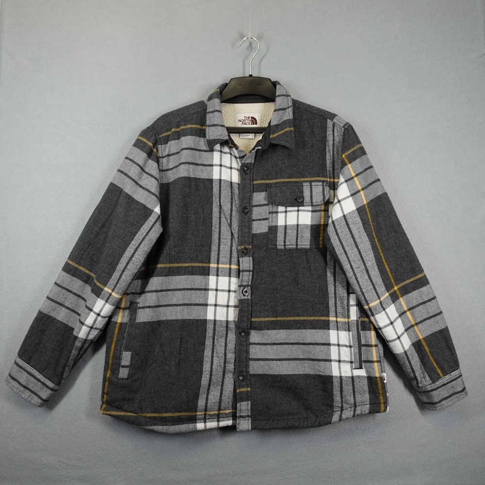 The North Face Shirt Jacket Mens XL Gray Plaid Sherpa Lined Flannel Heavy Coat